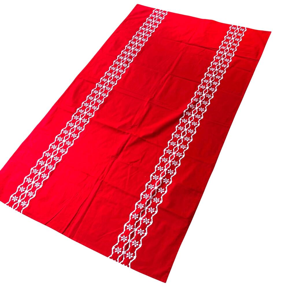 Vintage 60's printed cotton tablecloth red & white geometric print rectangle